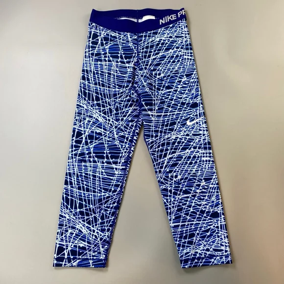 Women's Nike Pro Crop Leggings Blue & White Abstract Print Small Dri-Fit - Picture 2 of 16